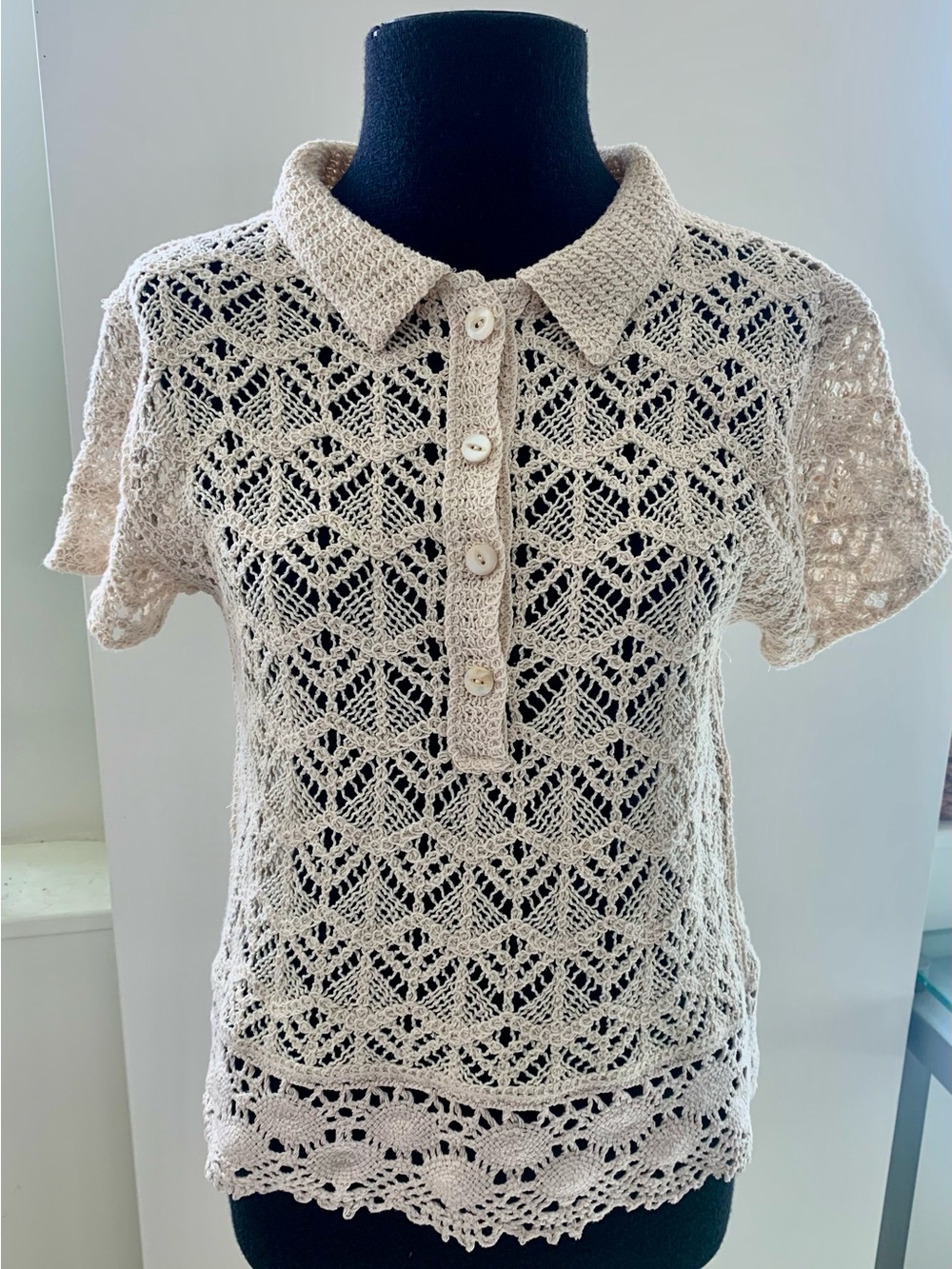 Lace Knit Button-Up Top in Cream